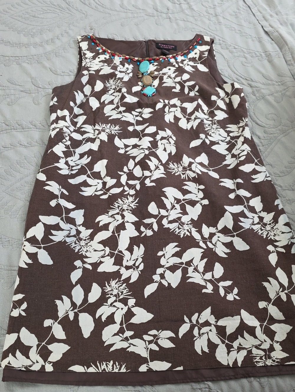 Robbie Bee Brown and White Floral Shift Dress with Beaded Accent